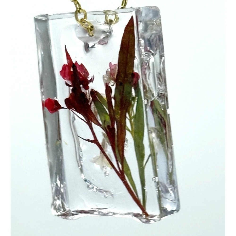 Handmade Necklace Pendant Made with Real Flowers Hypoallergenic Resin Rectangle